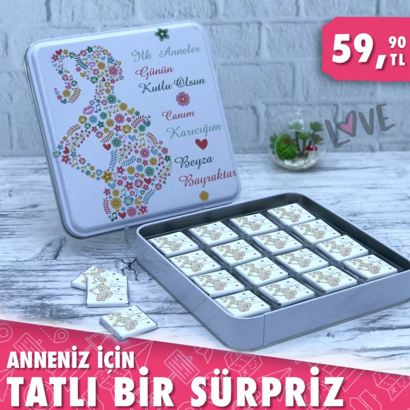 Anneye Cikolata Anneler Gunu Cikolatasi Hamile Tasarimli Kare Metal Kutu 12 Neva Toptan