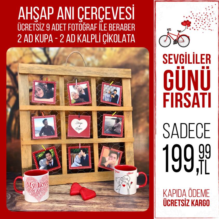 Ahşap Anı Çerçevesi & 2 Adet Kupa Bardak