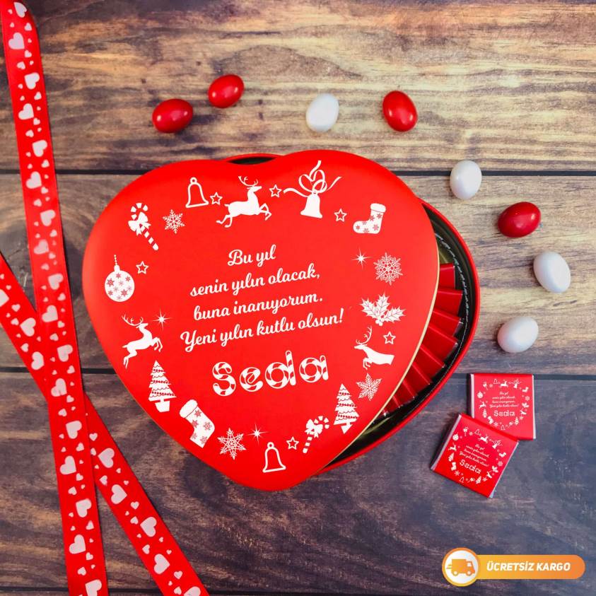 Yılbaşına Özel Uv Baskılı Kırmızı Kalpli Metal Kutuda 20'li Çikolata - Y2219