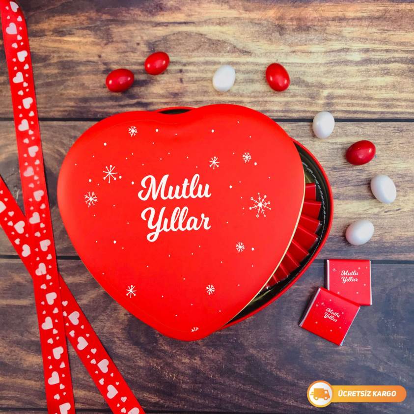 Yılbaşına Özel Uv Baskılı Kırmızı Kalpli Metal Kutuda 20'li Çikolata - Y2218