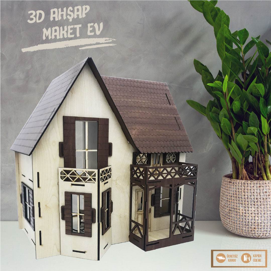 3D Ahşap Maket Kahverengi Ev- L7009
