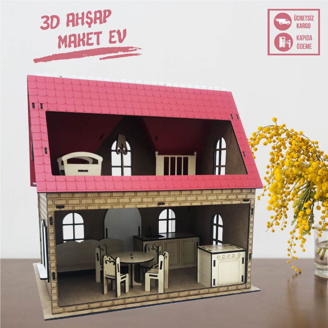 3D Ahşap Maket Kırmızı Ev- L7008