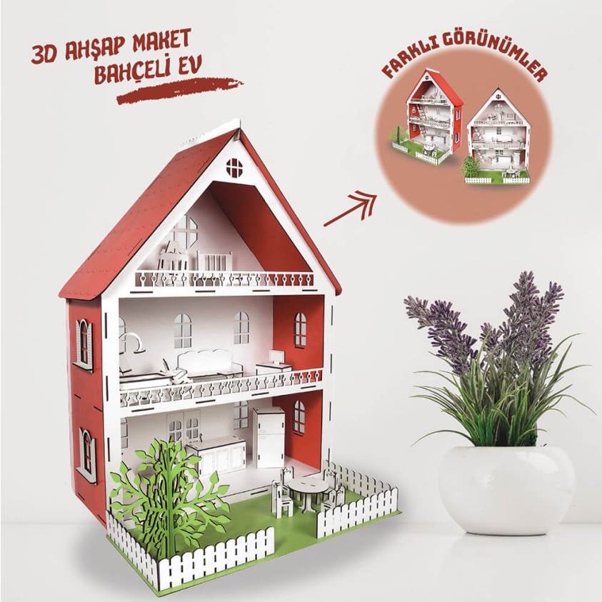 3D Ahşap Maket Kırmızı Bahçeli Şato - L7019
