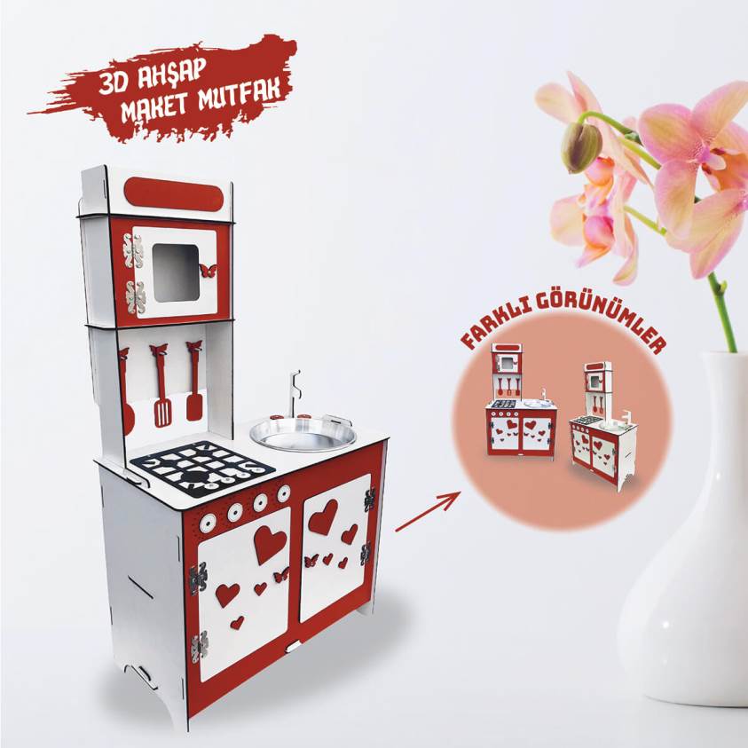 3D Ahşap Maket Kırmızı Oyuncak Mutfak - L7045