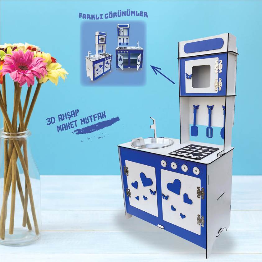 3D Ahşap Maket Mavi Oyuncak Mutfak - L7042