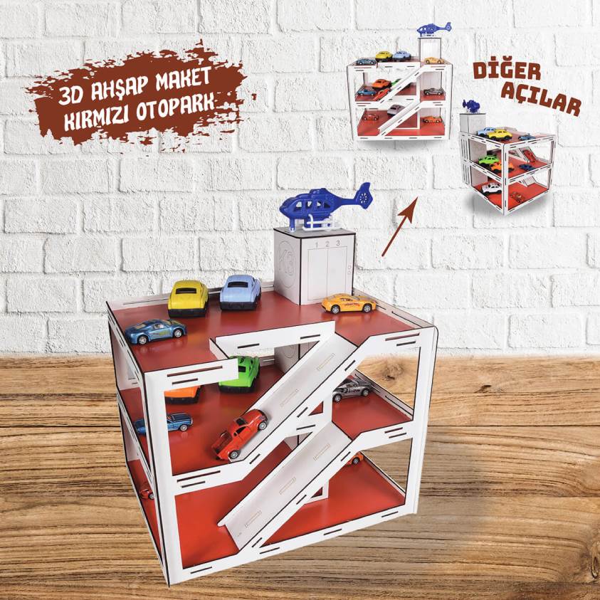 3D Ahşap Maket Kırmızı Çocuk Oyun Otoparkı- L7041