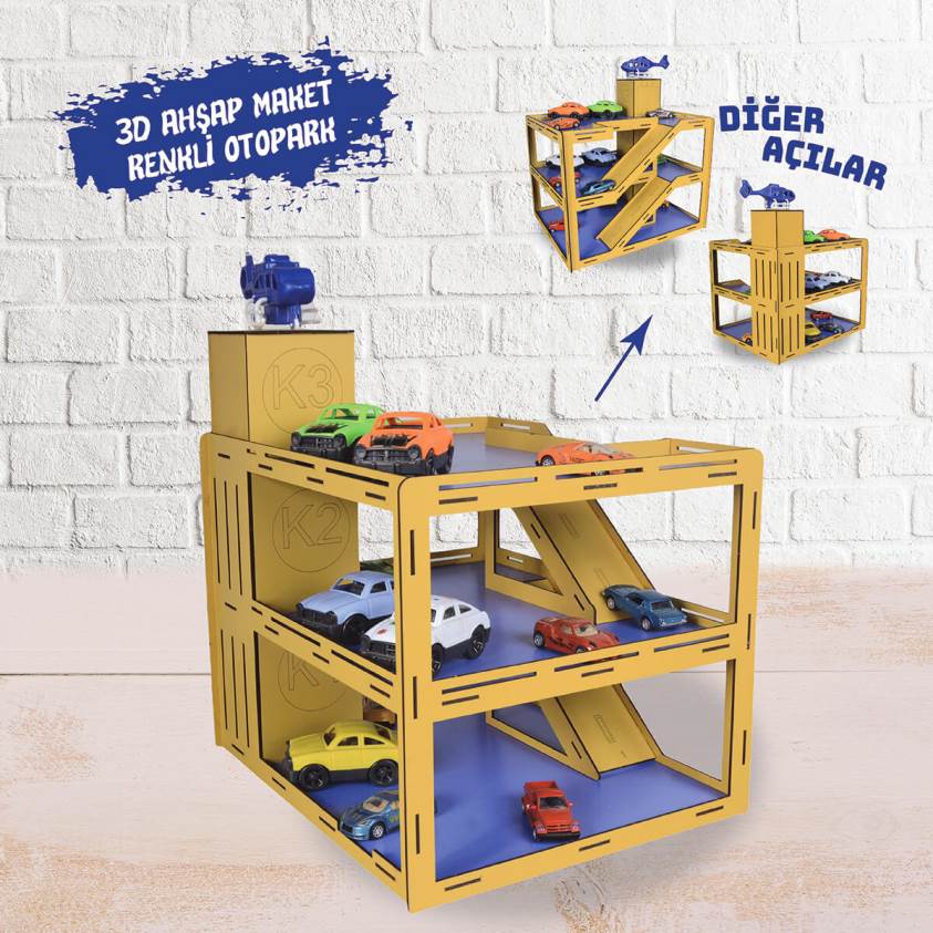 3D Ahşap Maket Renkli Çocuk Oyun Otoparkı- L7040