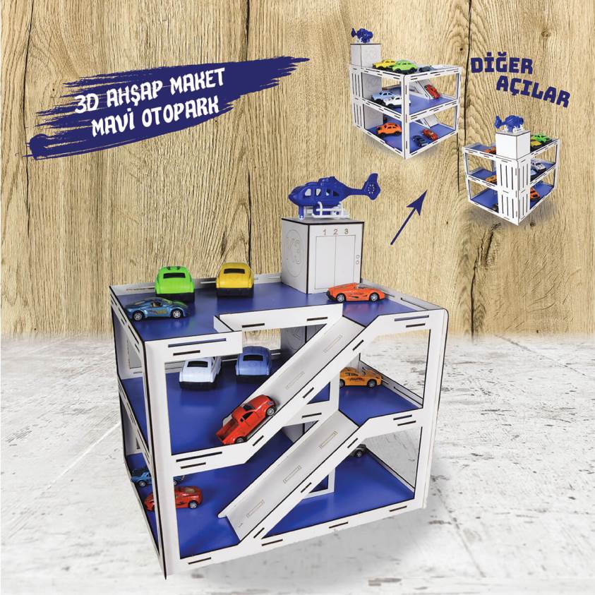 3D Ahşap Maket Mavi Çocuk Oyun Otoparkı- L7035
