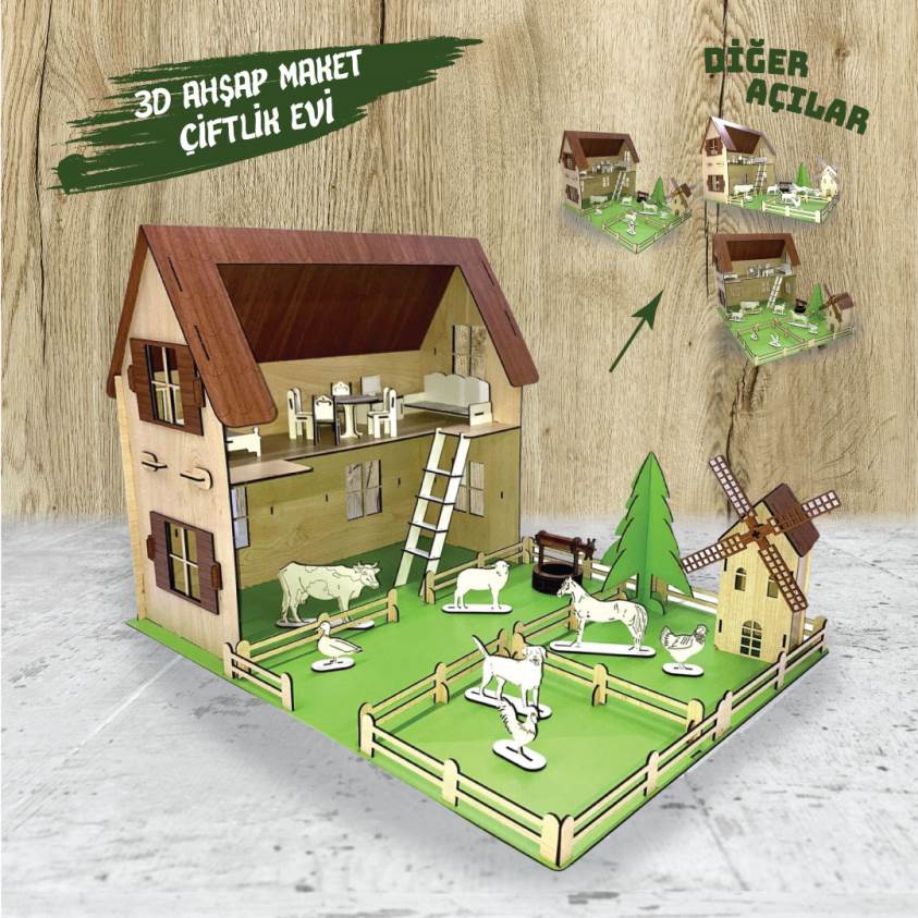 3D Ahşap Maket Çocuk Oyun Çiftlik Evi