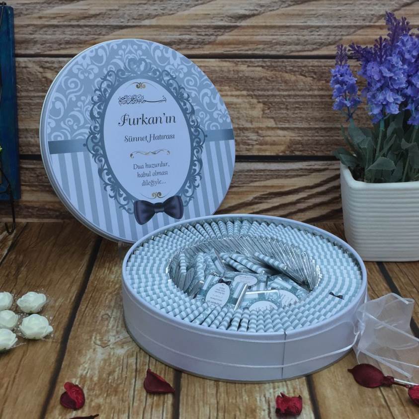 Erkek Bebek Çikolatası Mint Yeşili Papyon Yuvarlak Metal